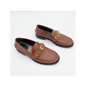 Gucci Cara Brown Pebbled Leather Gold Logo Hardware Loafers EU 38